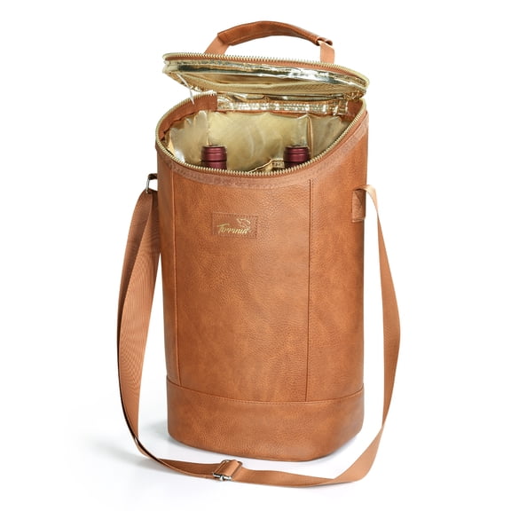 Tirrinia Waterproof Leather Wine Gift Tote Carrier - Leakproof & Insulated Large Pocket Wine Cooler Bag for Travel, Tasting, Party, Christmas Gift for Wine Lover, Brown