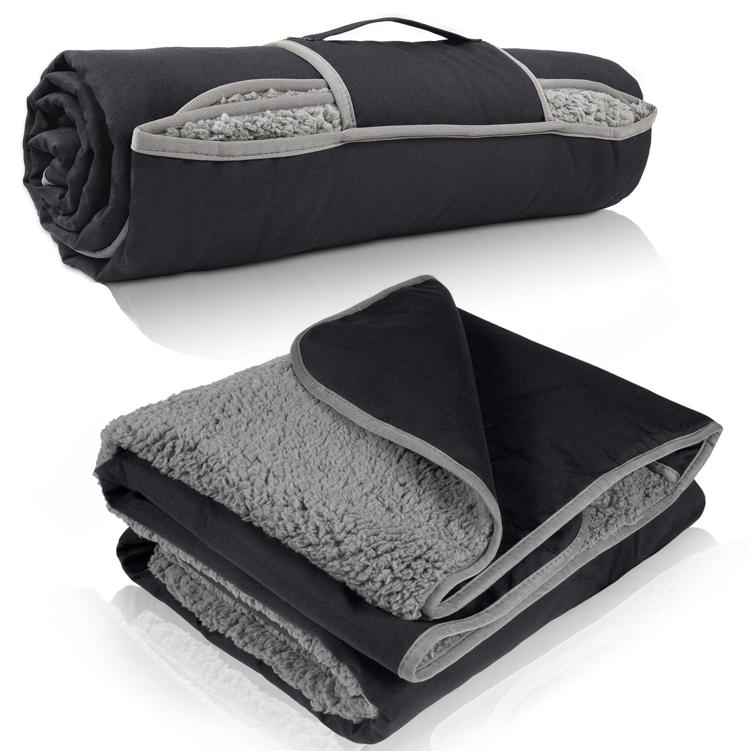 Tirrinia Waterproof Outdoor Blanket with Sherpa Lining, Windproof, Triple-Layered, Warm, Comfy, and Foldable Fleece Blanket for Camping, Stadiums, and Pets, Black/Grey, Extra Large Size: 66'' x 90''
