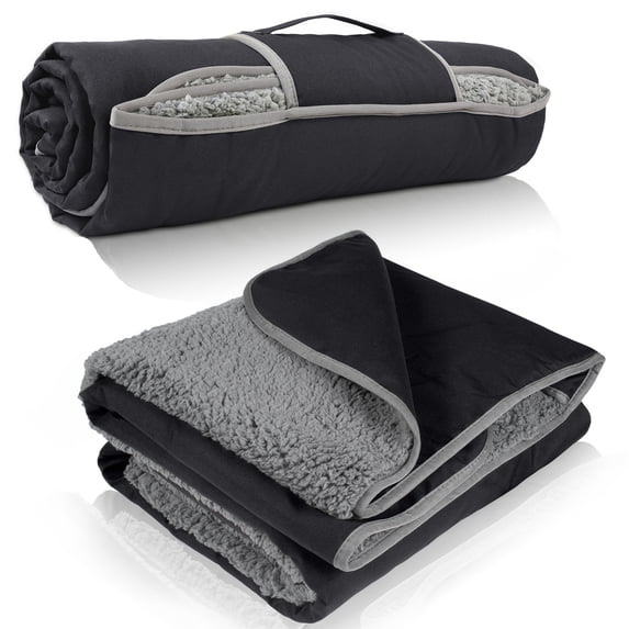 Tirrinia Waterproof Outdoor Blanket with Sherpa Lining, Windproof, Triple-Layered, Warm, Comfy, and Foldable Fleece Blanket for Camping, Stadiums, and Pets, Black/Grey, Extra Large Size: 66'' x 90''