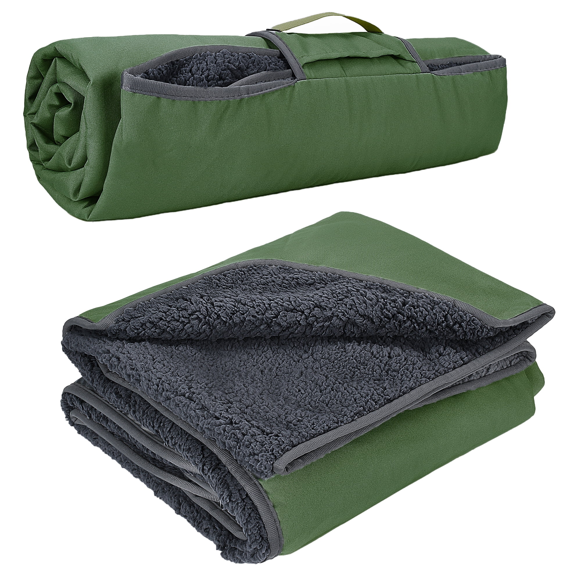 Tirrinia Waterproof Outdoor Blanket with Sherpa Lining, Windproof, Triple-Layered, Warm, Comfy, Foldable Fleece Blanket for Camping, Stadiums, Picnics and Pets, Green/Black, Extra Large, 66'' x 90''