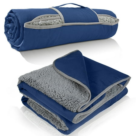 Tirrinia Waterproof Outdoor Picnic Blanket with Sherpa Lining, Windproof, Navy Blue, 51''X 59''.