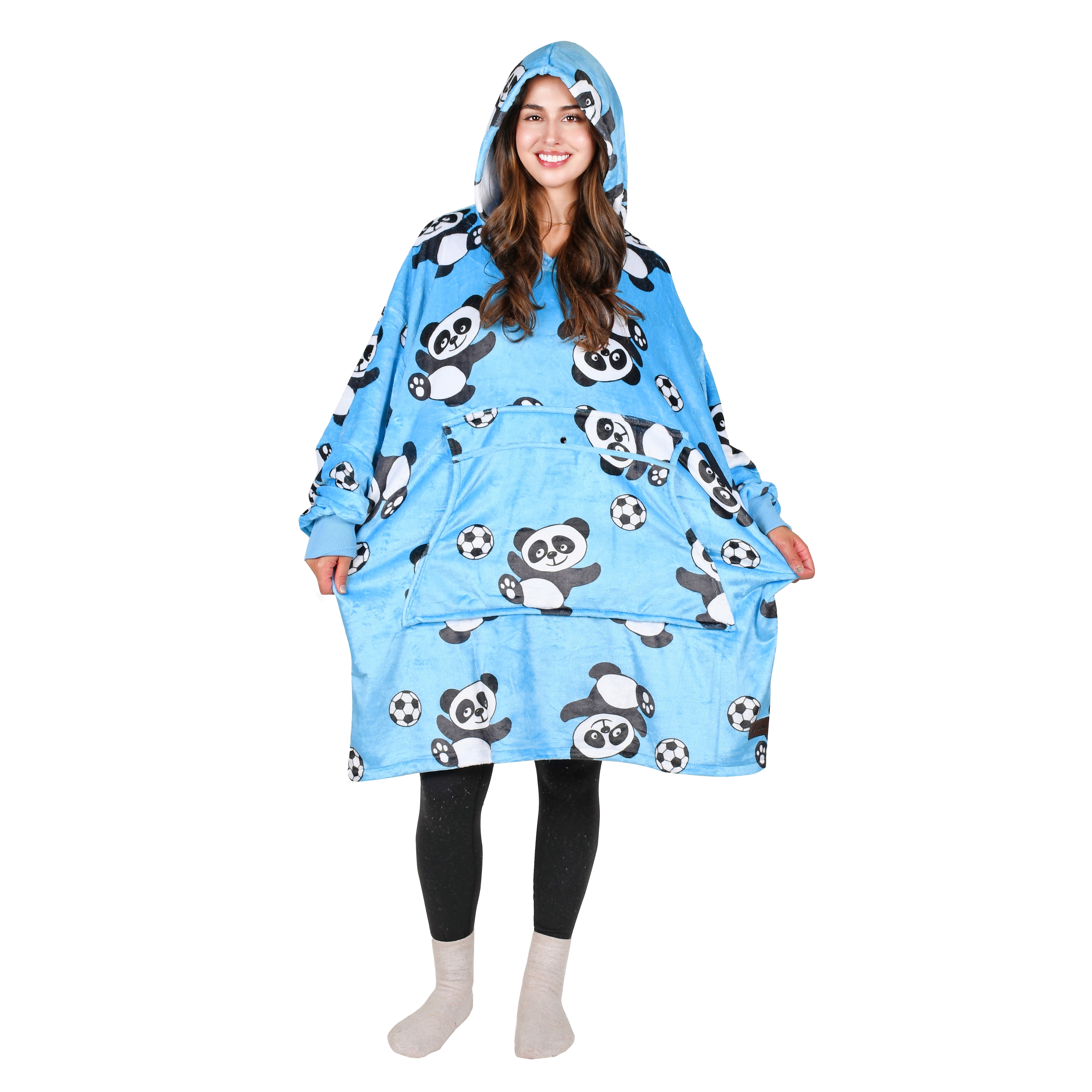 Tirrinia Wearable Blanket Oversized Hoodie for Adults, Soccer Panda Print Fleece Sweatshirt, as Warm & Funny Gifts for Family & Friend. One Size Fits All