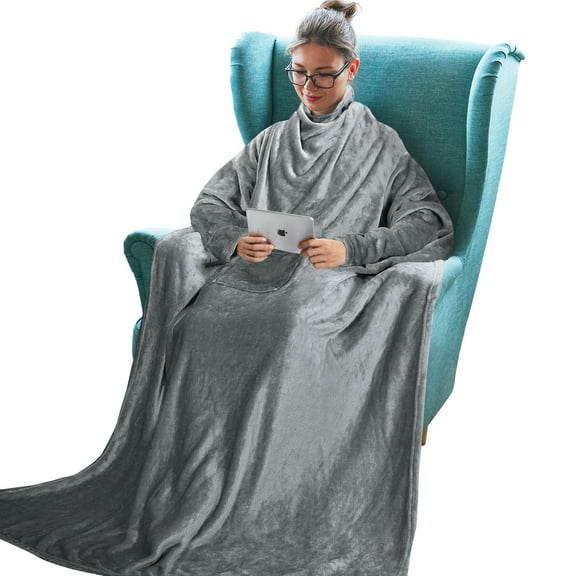 Tirrinia Wearable Fleece Blanket with Sleeves for Adult Women Men, Super Soft Comfy Plush TV Blanket Throw Wrap Cover for Lounge Couch Reading Watching TV 73" x 51" Grey