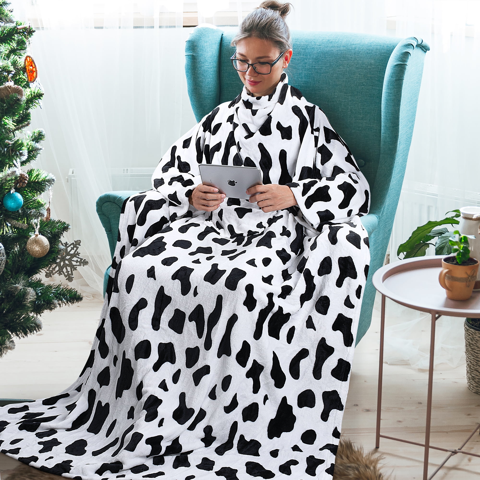 Tirrinia Wearable Fleece Blanket for Women and Men, Super-Soft Microplush TV Blanket, Adult Wrap, Full Body Robe for Lounge Couch, Dalmation, 73" x 51"
