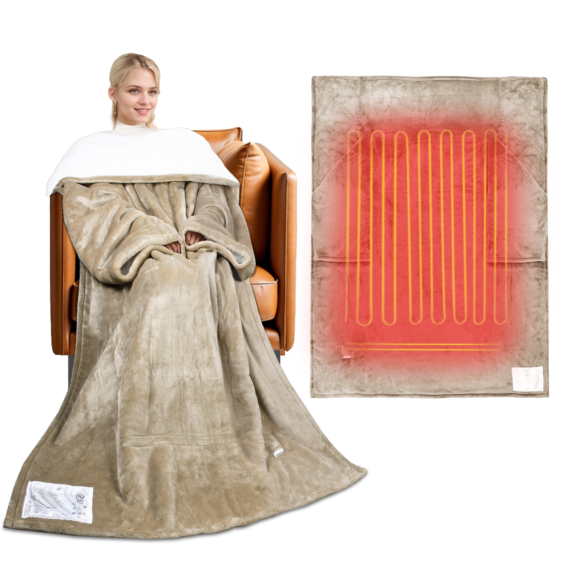 Camel Sherpa Fleece Wearable Heated Blanket with Sleeves