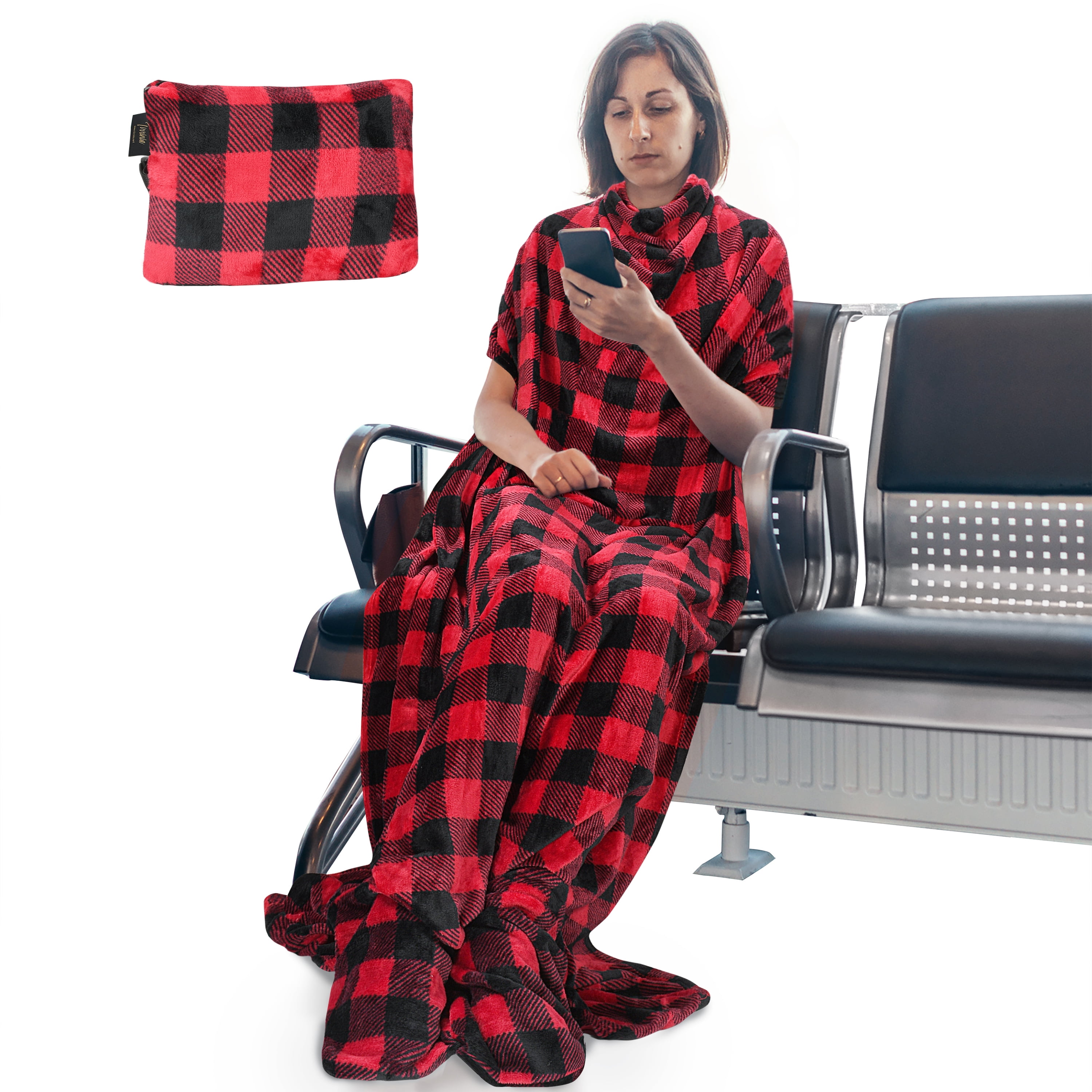 Tirrinia Wearable Travel Blanket with Foot Pockets for Women & Men, One Size Fits All, No Sleeve