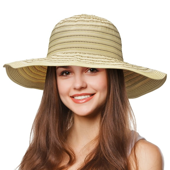 Tirrinia Women Floppy Straw Sun Hat Foldable Wide Brim Striped Beach Cap for Female, Great Gifts for Mother's Day, Beige