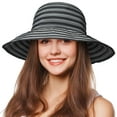 thumbnail image 1 of Tirrinia Women Floppy Straw Sun Hat Wide Brim Striped Beach Cap Foldable, Black, Head Circumference Measures 22.5”, Brim Measures 3.5”., 1 of 7