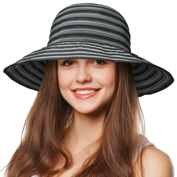 Tirrinia Women Floppy Straw Sun Hat Wide Brim Striped Beach Cap Foldable, Black, Head Circumference Measures 22.5”, Brim Measures 3.5”.