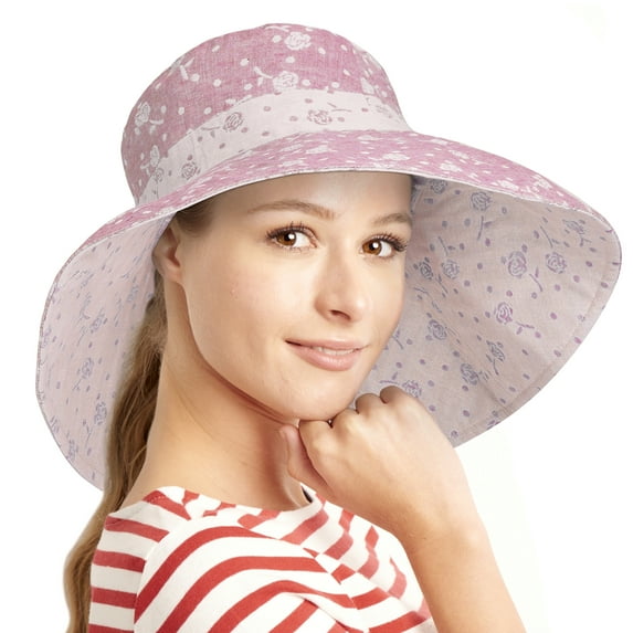 Tirrinia Womens Floppy Beach Summer Hat Reversible Sunhat Packable Wide Brim Flower Pattern Red
