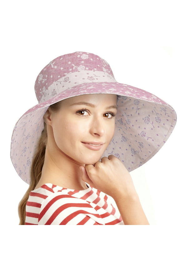 Womens Floppy Beach Summer Hat Reversible Sunhat Packable Wide Brim Flower Pattern Red