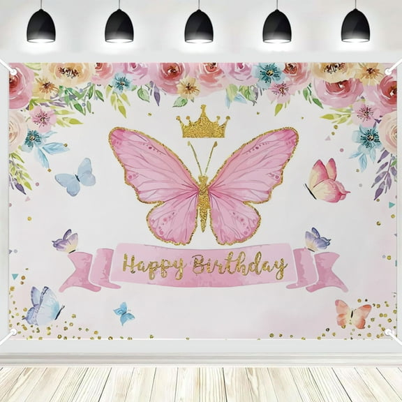 Tiruiarec Background Birthday Party Decorations,Butterfly Theme Happy Birthday Banner Backdrop for Kids Birthday Party Supplies Wall Decor (3.6x5.9ft)