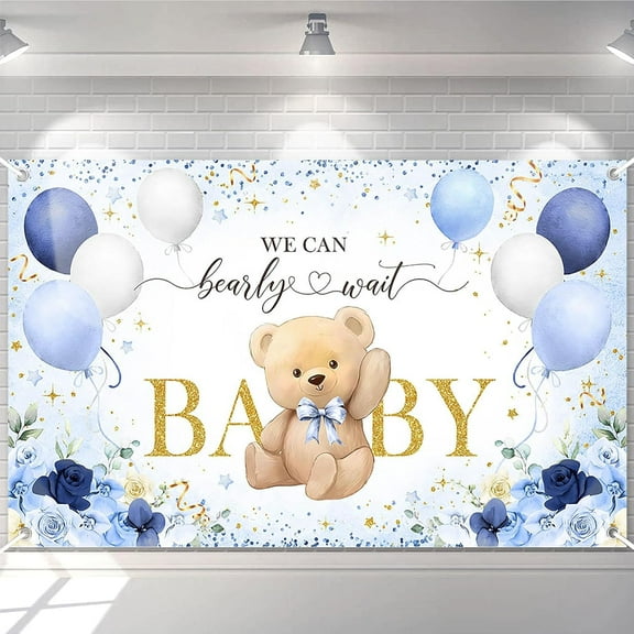 Tiruiarec Bear Baby Shower Backdrop for Boy - Blue Flower Balloons 'We Can Bearly Wait' Party Banner - Decorations for Boy's Baby Shower