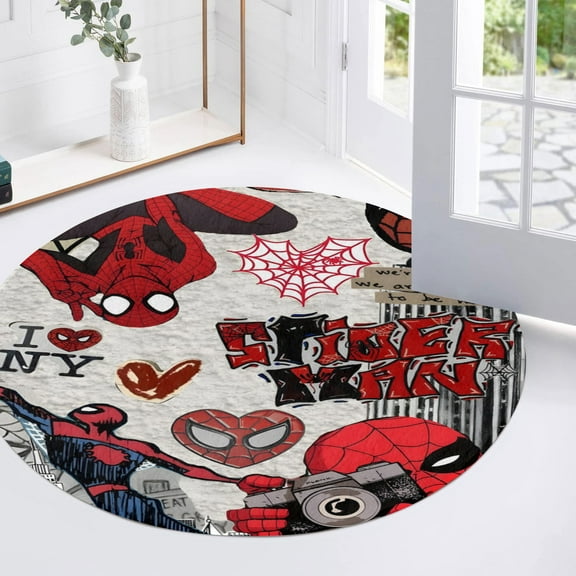 Tiruiarec Cartoon Spideman Carpet Floor Rug Room Decor Carpet Cute Cartoon Round Mat Velvet Children Bedroom Living Room Decor 60x60cm