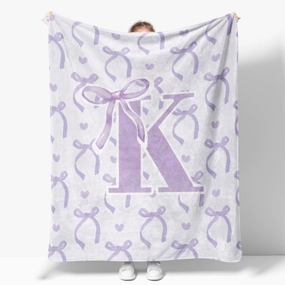 Tiruiarec Purple Bow Throw Blanket, Personalized Initial Alphabet Fluffy Cozy Flannel Blanket, Unique Customized Blanket for Her Girls Christmas Birthday 50x40in