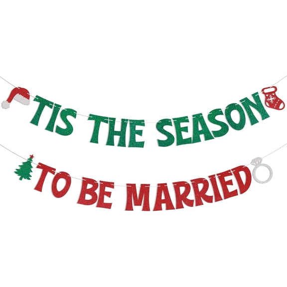Tis the Season to Be Married Banner - Christmas Bridal Shower Decor, Merry & Bride Winter Holiday Wedding Engagement Bachelorette Party Decorations Green & Red Glitter