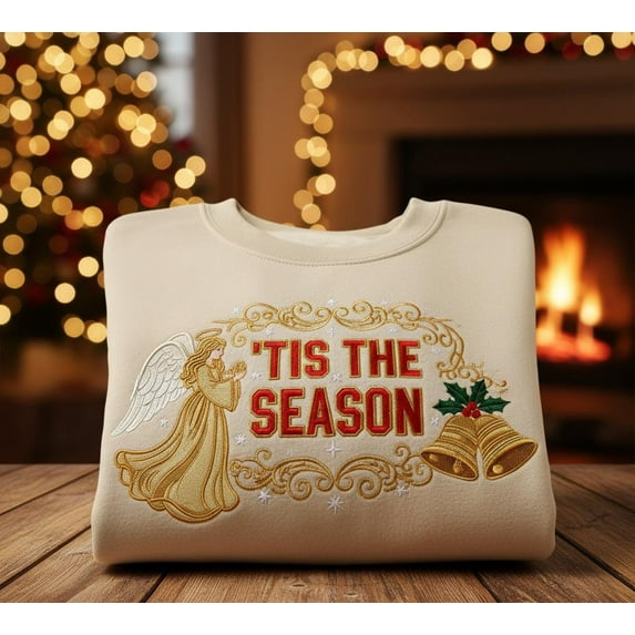 Tis The Season Angel Embroidered Christmas Sweatshirt, Vintage Holiday Bells Sweater, Elegant Gold Embroidery Cozy Winter Gift