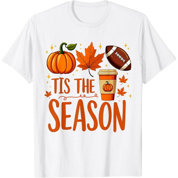 Tis The Season Fall Autumn Football Pumpkin Coffee Leaves T-Shirt