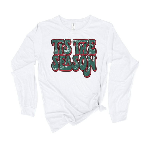 Tis The Season Festive Red and Green Retro Holiday Shirt Ladies Womens Long Sleeve T-shirt Christmas Graphic Tee-White-medium
