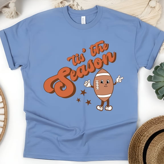 ’Tis The Season Football Shirt | Cute Retro Game Day Graphic Tee, CarolinaBlue, Size S
