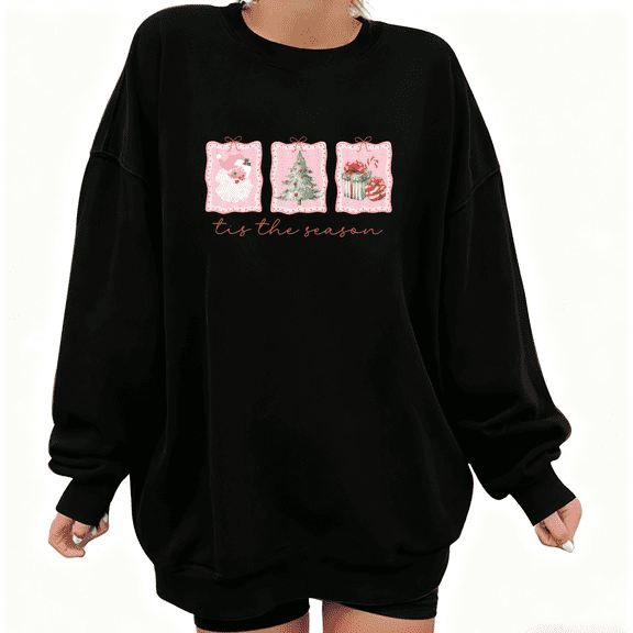 Tis The Season Gift Box Print Sweatshirt Black Graphic Sweatshirt S-3XL Christmas Tops