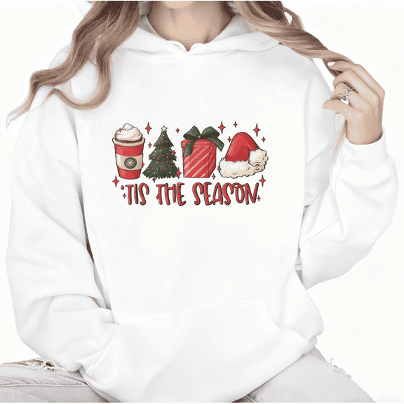 Tis The Season Graphic Sweatshirt Coffee Christmas Print Hoodie White S-2XL Tops