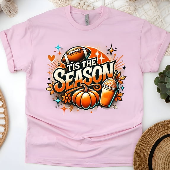 Tis The Season Graphic Tee | Pumpkin Football Coffee Shirt | Unisex Casual T-Shirt, Light Pink, Size XL