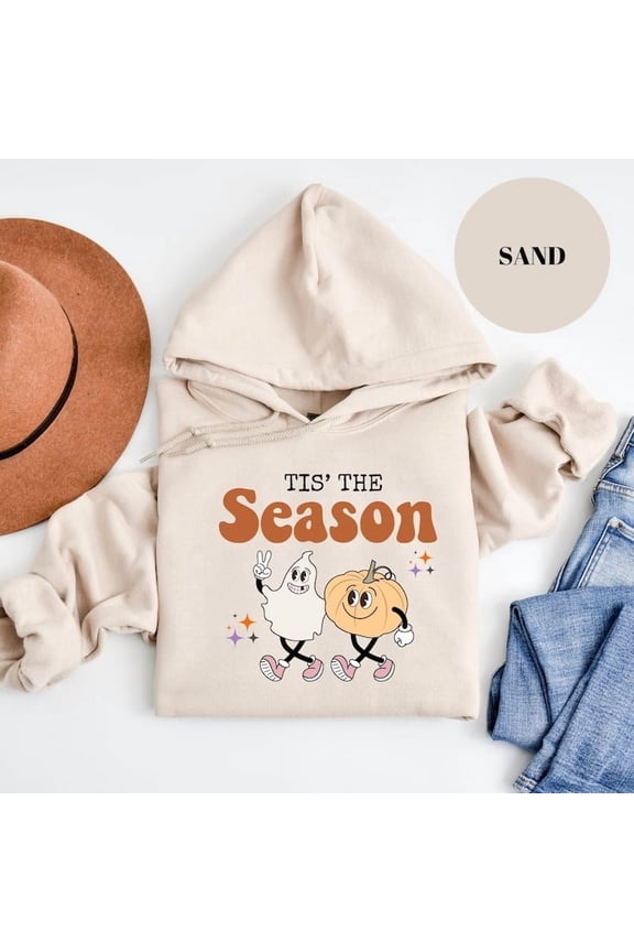 Tis The Season Halloween Hoodie Ghost And Pumpkin Design Cute Retro Fall Sweater Spooky Season Pullover Cozy Autumn Outfit