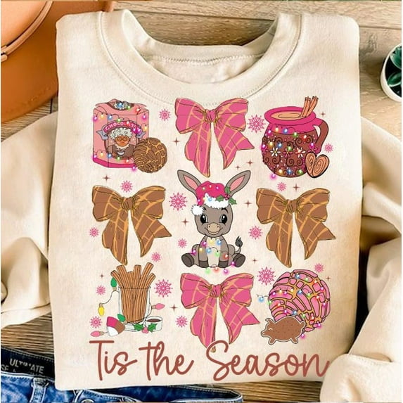 Tis The Season Mexican Christmas Sweater, Coquette Bow Pink Calories No Cuentan Funny Spanish Sweatshirt