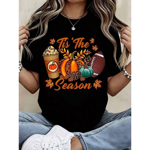 Tis The Season Pumpkin Spice Coffee Football Autumn Fall Harvest Women T Shirt