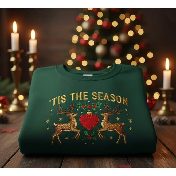 Tis The Season Reindeer Embroidered Christmas Sweatshirt, Cozy Holiday Green Sweater, Vintage Gold Stitch Winter Pullover Gift