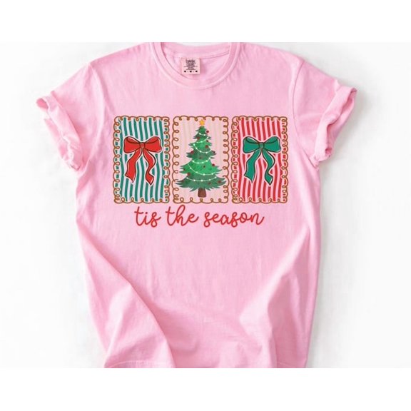 Tis The Season Shirt Cute Bow Stripe Tshirt Tee Holly Jolly Bright Girly Tree T-Shirt
