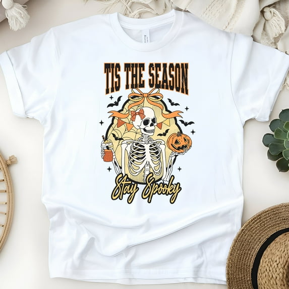 Tis The Season Stay Spooky Skeleton Pumpkin Halloween T-Shirt, White, Size L