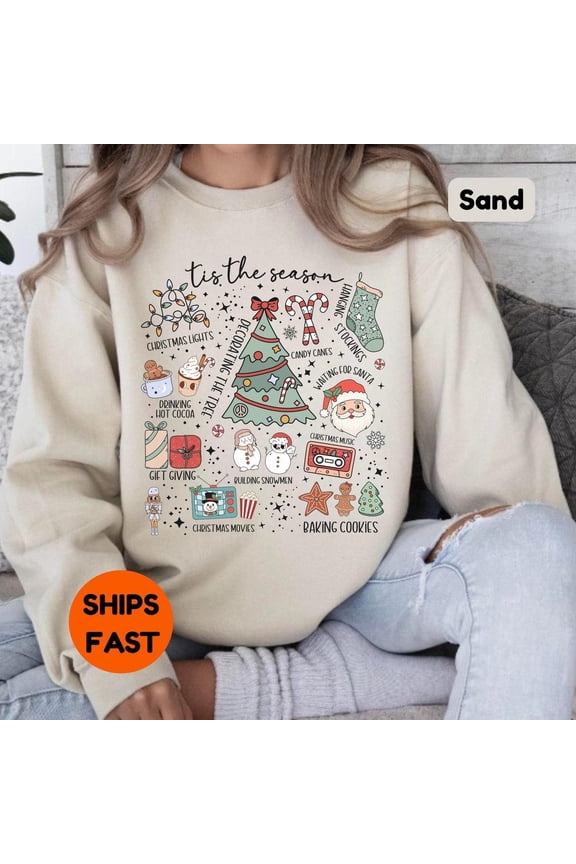 Tis The Season Sweatshirt, Retro Holiday Graphic Top, Winter Unisex Adult Casual Everyday Wear Sand
