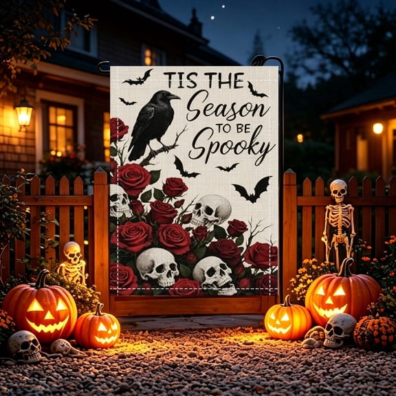 Tis The Season To Be Spooky Skull Raven Gothic 2D Printed Garden Flag, Front Porch Lawn Holiday Party Decor, No Flagpole, Halloween Gift