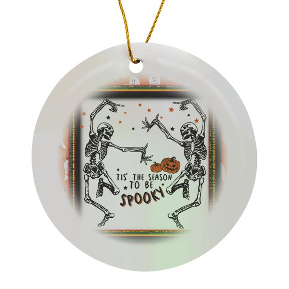 3drose, Tis the Season to Be Spooky with Two Dancing Skeletons, Circle Porcelain Ornament