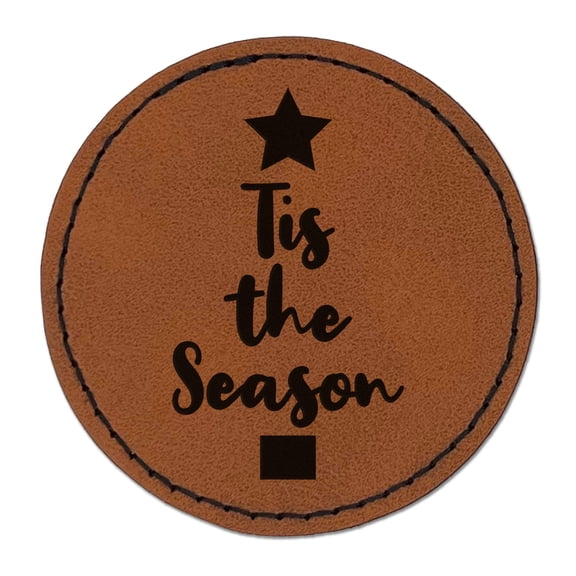 Tis the Season Christmas Tree 2.5" Faux Leather Round Engraved Iron-On Patch - Brown