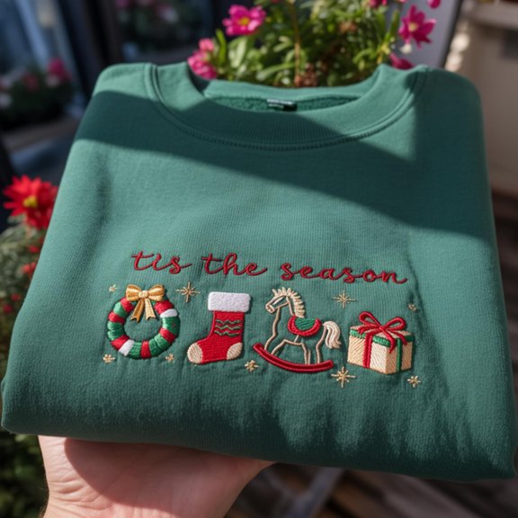 Tis the Season Embroidered Christmas Sweatshirt, Beige Holiday Sweatshirt, Festive Wreath Stocking Crewneck, Xmas Gift Idea