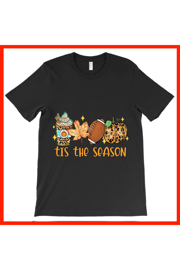 Tis the Season Fall Football Pumpkin Spice Latte Autumn Leaf Leopard Print Graphic T-Shirt AH4485, Premium for Unisex - Extended Sizes Up to 5XL