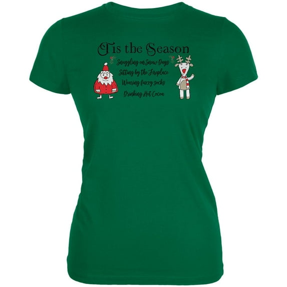 Tis the Season Fireplace Fuzzy Socks Hot Cocoa Juniors Soft T Shirt Irish Green 2XL