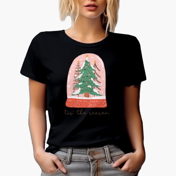 Tis the Season & Hand Drawn Christmas Tree in a Snow Globe Art Merch Gift, Black T-Shirt, 3XL