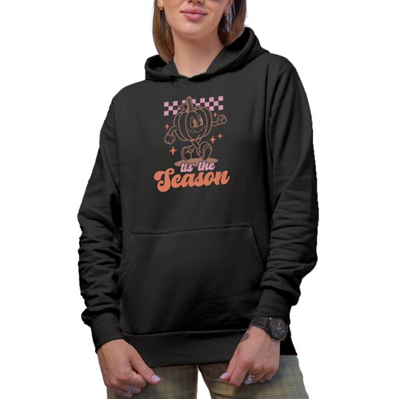 Tis the Season, Retro Autumn or Fall Pumpkin Art Merch Gift, Black Hooded Sweatshirt or Hoodie, Medium