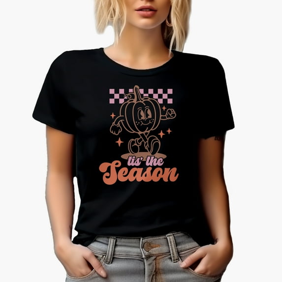 Tis the Season, Retro Autumn or Fall Pumpkin Art Merch Gift, Black T-Shirt, Small