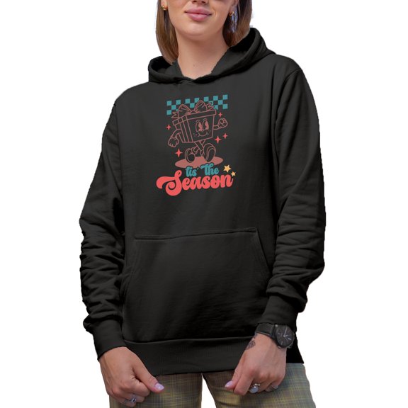 Tis the Season, Retro Christmas Present Art Merch Gift, Black Hooded Sweatshirt or Hoodie, 3XL