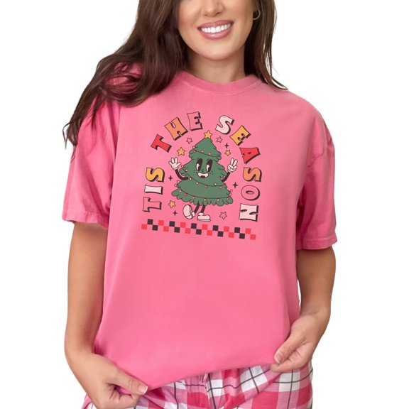 Tis the Season, Retro Christmas Tree with Lights Art, Crunchberry Comfort Colors T-Shirt, 2XL