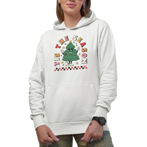 Tis the Season, Retro Christmas Tree with Lights Art Merch Gift, White Hooded Sweatshirt or Hoodie, Small