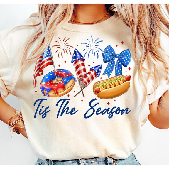 Tis the Season USA T-Shirt, Hot Dog and Donut Tee, Funny 4th of July Style, Red White Blue Fireworks