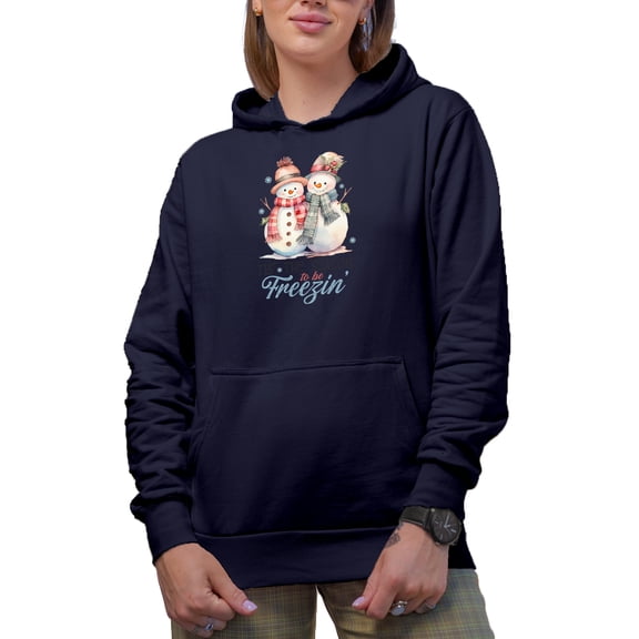 Tis the Season to Be Freezin, Watercolor Snowman Art, Winter or Christmas Gift, Navy Blue Hooded Sweatshirt or Hoodie, 2XL