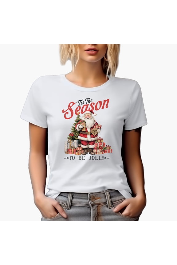 Tis the Season to Be Jolly with Santa, Christmas or Winter Themed Art Merch Gift, White T-Shirt, 3XL