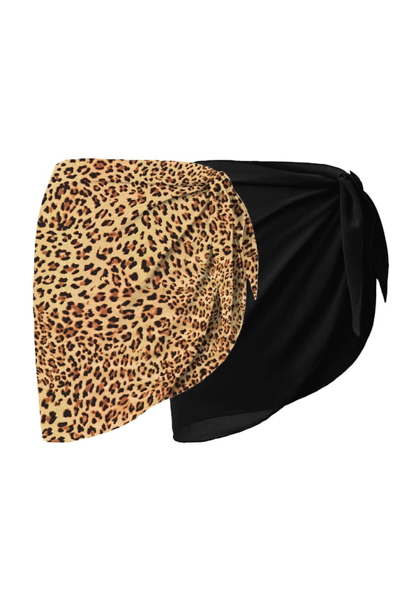 2 Pieces Women Beach Sarongs Sheer Cover Ups Chiffon Bikini Wrap Skirt for Swimwear Leopard print&Black One Size